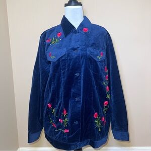 The Quacker Factory NWT Women's Button Blue Velour Floral Print Shirt Size Med